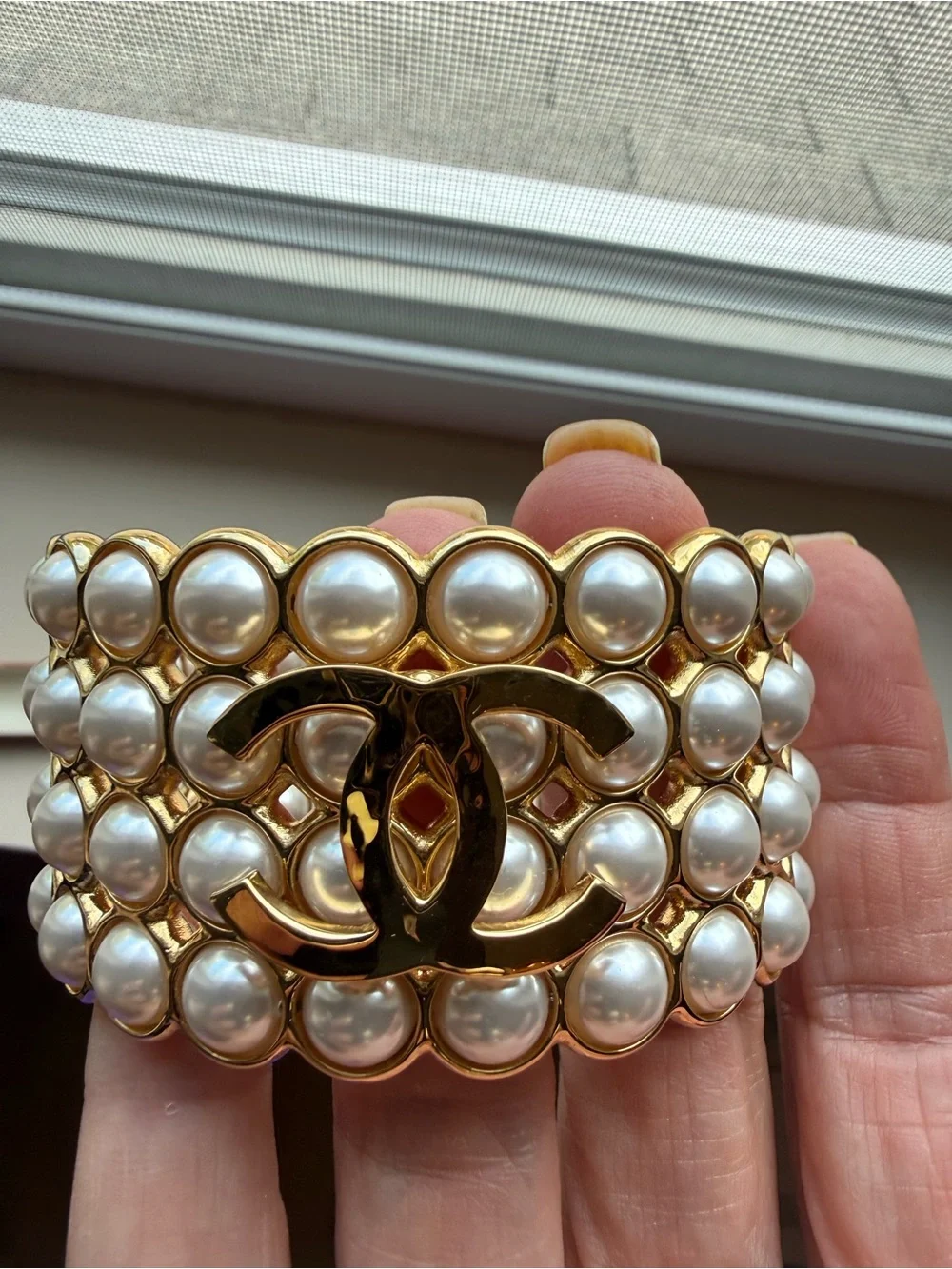 CHANEL Gold-Tone Pearl Multirow Cuff Bracelet